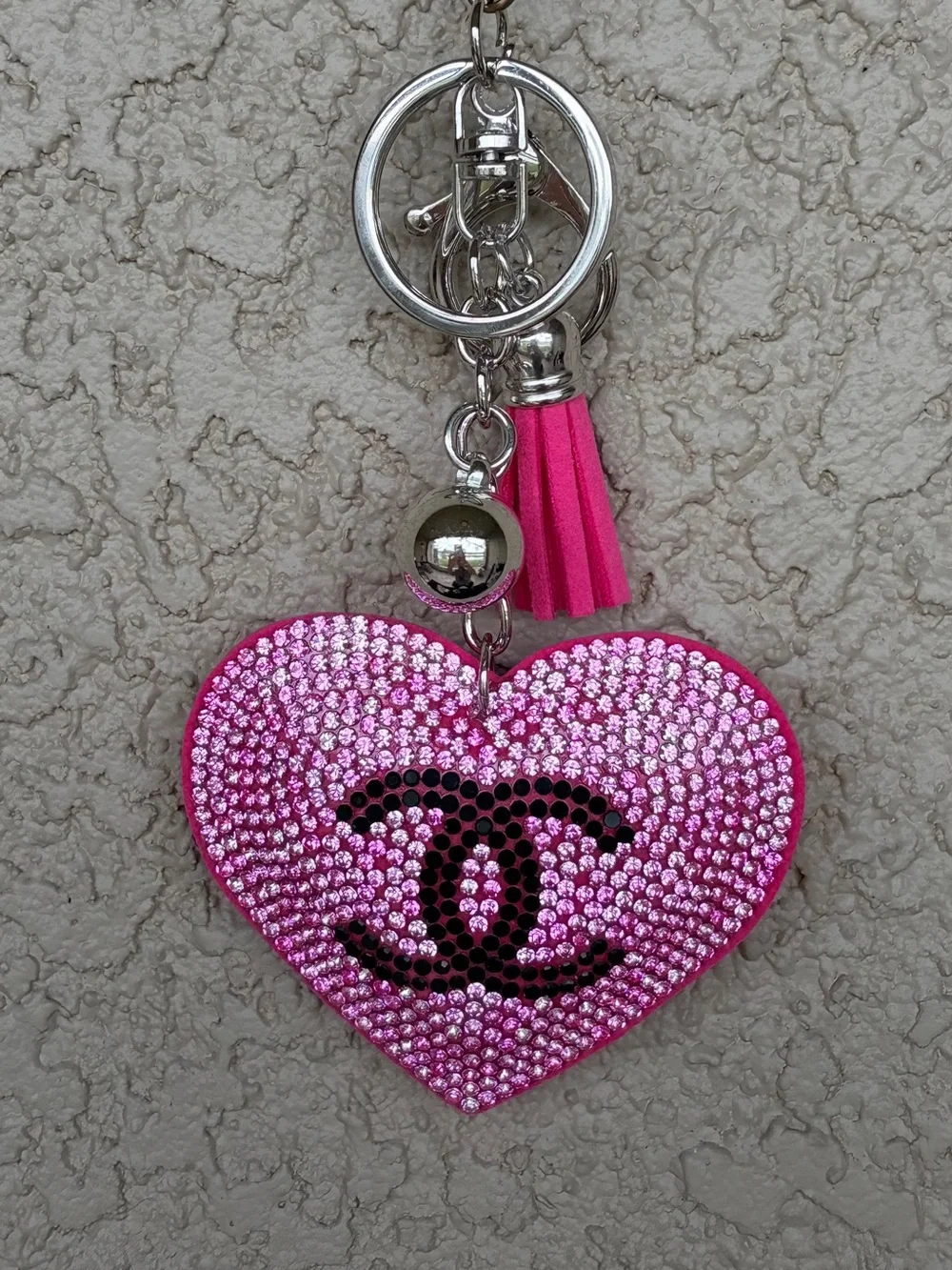 Vibrant Pink Crystal Heart Keychain with Black Monogram